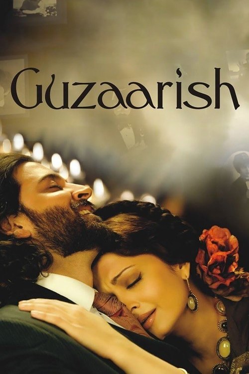 The poster features a romantic scene with a man and woman embracing warmly. The warm, golden lighting creates an intimate atmosphere, while the deep red rose adds a touch of passion. The title "Guzaarish" is elegantly written in a cursive font, suggesting a blend of romance and mysticism.