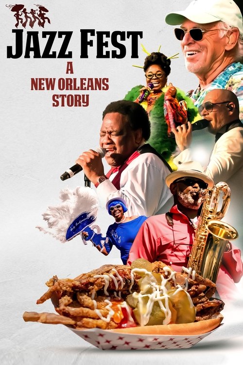 The poster features a vibrant collage of jazz musicians in colorful outfits, exuding energy and joy. The warm tones of the image, combined with the lively atmosphere, create a nostalgic and celebratory mood. The central focus is the appetizing display of fried food, hinting at the lively music an...