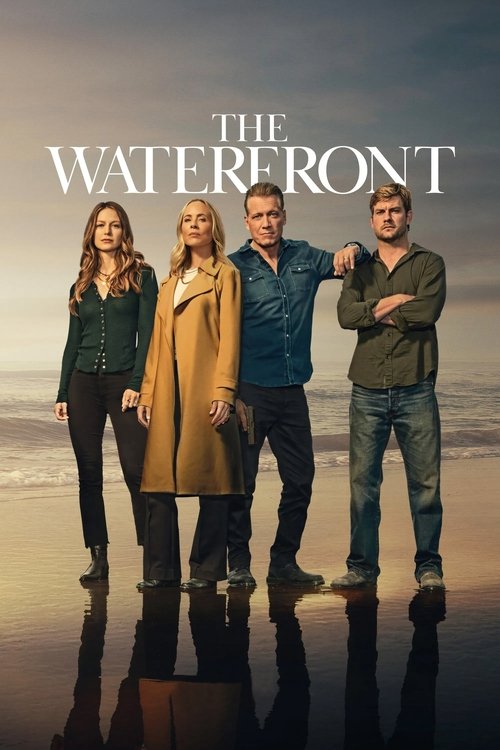 The poster features four characters standing on a beach at sunset, with warm golden hues reflecting in the water beneath them. The mood is relaxed yet adventurous, suggesting a blend of coastal charm and urban intrigue.