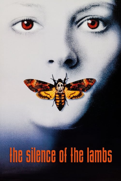 The poster features a close-up of a woman's face with striking red eyes, creating an eerie and suspenseful atmosphere. A moth with vibrant orange and black wings rests delicately on her lips, symbolizing danger and mystery. The dark background enhances the unsettling mood, while the title "The Si...