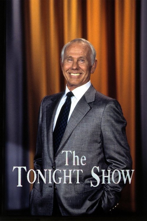 The image features Johnny Carson in a sharp suit against warm, golden curtains, radiating elegance and confidence. The text "The Tonight Show" is prominently displayed in elegant white lettering, emphasizing the show's iconic status. The overall mood is sophisticated and inviting, capturing the e...