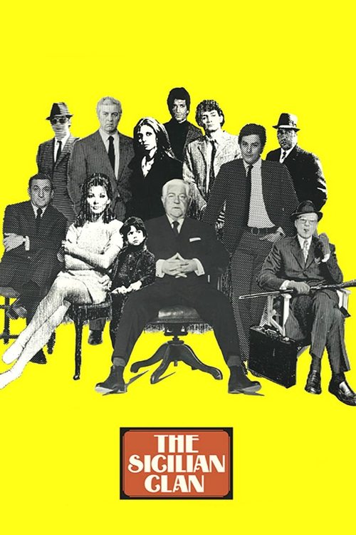 The poster features a group of men and women in formal attire against a bright yellow background, evoking a sense of mystery and intrigue. The men wear suits and hats, while the women are dressed elegantly, suggesting a period drama or film noir setting. The overall mood is mysterious and dramati...