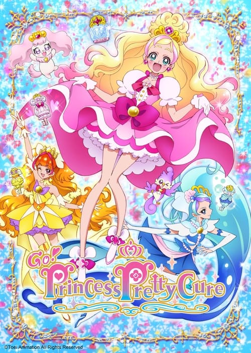 This vibrant poster features beloved characters from Go! Princess PreCure, including the main girl in her pink dress and the supporting cast in colorful outfits. The bright, cheerful colors and sparkling effects create a magical, joyful mood, capturing the essence of the anime's lively and fun at...