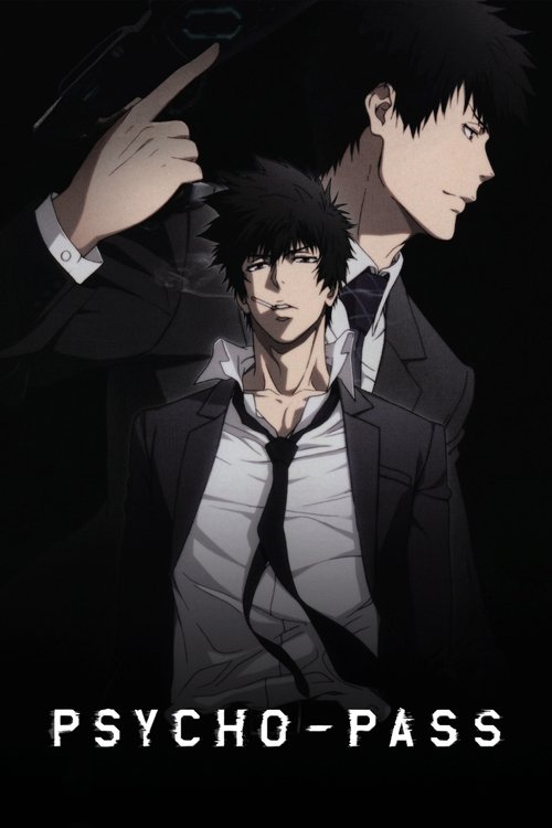 The poster features two characters in a dramatic, dark setting with a somber mood. One character is in the foreground, wearing a white shirt and black tie, while the other stands behind him, pointing upward. The dark background and monochromatic color scheme emphasize the mysterious and intense a...