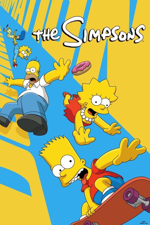 The Simpsons poster features Homer, Marge, Bart, and Lisa in dynamic poses against a vibrant yellow background. The characters are depicted with exaggerated expressions of excitement and energy, capturing the show's lively and humorous tone. The bright colors and energetic composition evoke a sen...