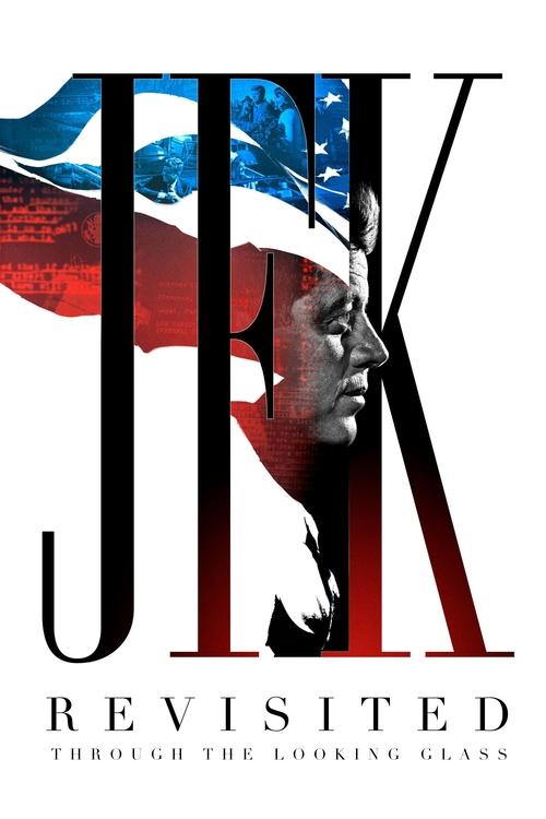 The poster features a stylized silhouette of JFK with the letters "JFK" prominently displayed, overlaid with American flag imagery. The mood is somber yet hopeful, suggesting a reflective journey through history. The colors are muted, emphasizing the gravity of the subject.