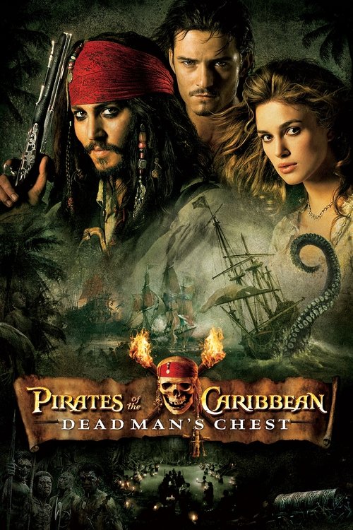 The poster features three iconic characters: Captain Jack Sparrow in a red bandana, a rugged man in the background, and a woman with a mysterious expression. The dark, moody atmosphere is enhanced by the ominous pirate ship and the fiery skull emblem at the bottom, creating a suspenseful and adve...