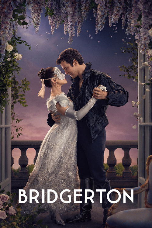 A romantic couple in a white wedding gown and black tuxedo share an intimate kiss against a twilight backdrop. The soft purple hues and delicate floral arrangements create a dreamy, ethereal mood. The poster captures the timeless elegance and emotional depth of Bridgerton's world.
