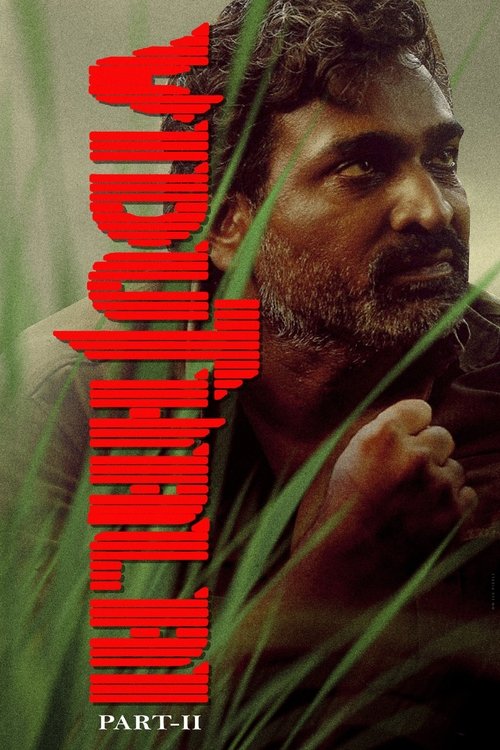 The poster features a rugged man with a beard, his expression intense and contemplative, set against a backdrop of lush green grass. The title "VIDUTHALAI" is prominently displayed in bold red letters, with "PART II" at the bottom. The overall mood is one of mystery and drama, with the natural gr...
