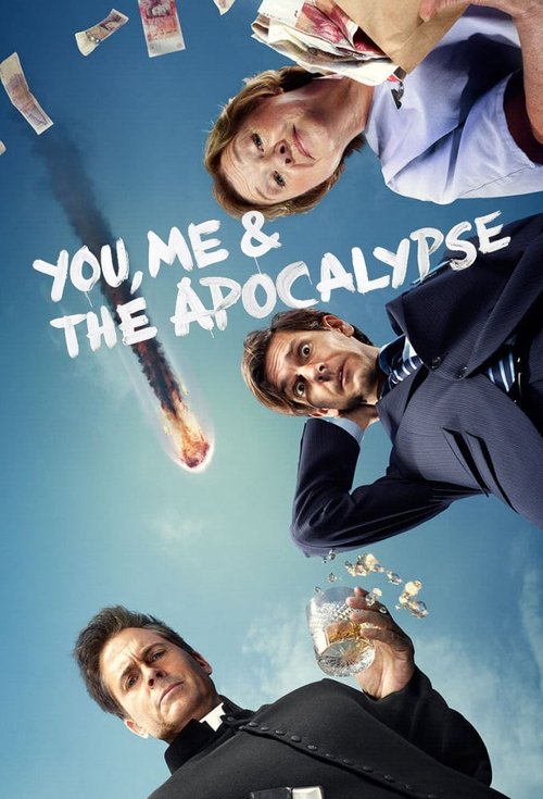 The poster features three men in suits against a bright blue sky, with floating dollar bills and a mysterious figure in the background. The mood is suspenseful, with dramatic lighting and a sense of impending doom.