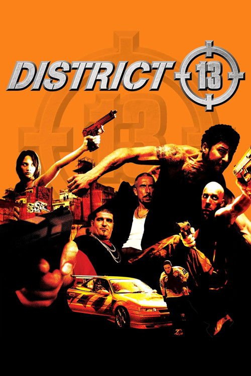 The poster features a gritty, urban scene with a diverse group of characters in action poses against a vibrant orange background. The bold "District 13" title dominates the top, while the movie's title "District B13" is subtly integrated into the design. The overall mood is intense and action-ori...