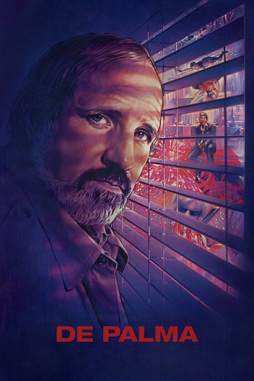 The poster features a close-up of a man with a contemplative expression, framed by the blurred, colorful lights of a cityscape through a window. The deep purple and blue tones evoke a mysterious and slightly ominous atmosphere, while the bold red text "DE PALMA" anchors the image with a sense of ...