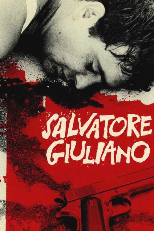 The poster features a dramatic close-up of a man's face, partially obscured by shadows and red splatters, evoking a sense of mystery and tension. Bold white text announces the film's title, "Salvatore Giuliano," set against a gritty red background that suggests danger and intensity. The overall m...