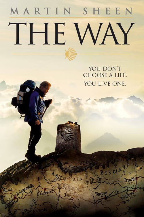 The poster features a lone traveler with a backpack and a stone marker atop a rugged mountain, set against a dramatic sky. The muted earthy tones and soft lighting evoke a sense of solitude and introspection, while the bold typography and inspirational quote suggest a journey toward self-discovery.