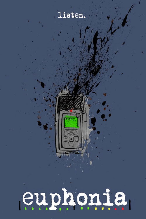 The poster features a cracked, shattered phone against a dark blue background, with the word "listen" floating above. The muted tones and shattered imagery evoke a sense of disruption and emotional turmoil.