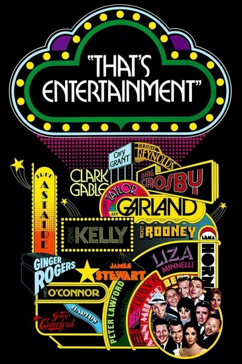 This vibrant movie poster for "That's Entertainment!" features a lively scene with actors in colorful costumes, exuding excitement and energy. The poster's design uses bright neon greens, purples, and yellows against a black background, creating a dynamic and eye-catching visual. The overall mood...