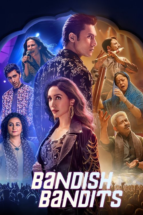 This poster features a dynamic scene with a central woman in dark armor, flanked by a man in a patterned jacket and a group of diverse characters in vibrant costumes. The background blends deep blues, purples, and warm golds, creating an intense and adventurous atmosphere. The title "Bandish Band...