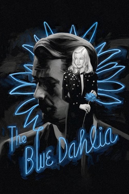 The poster features a striking black-and-white illustration of a man and woman in a dramatic pose against a dark background. Neon blue outlines their faces and forms a radiant halo effect, creating a mysterious and ethereal atmosphere. The title "The Blue Dahlia" glows in a glowing blue font at t...