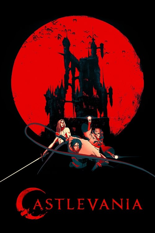 A dark, ominous poster featuring a silhouette of a castle against a vibrant red moon. Two figures in medieval attire appear to be playing a musical instrument, evoking a mysterious and eerie atmosphere. The title "CASTLEVANIA" is prominently displayed at the bottom.