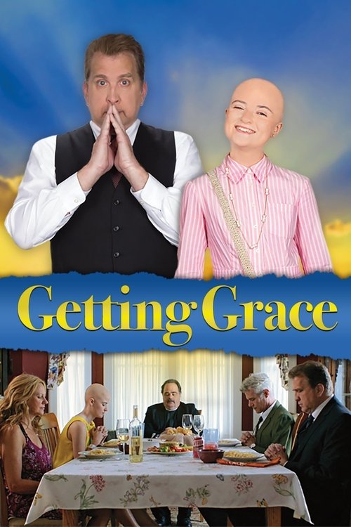 The poster features a vibrant blue sky with a smiling bald man in a pink shirt and a man in a white shirt and vest. Below, a lively dinner scene shows people enjoying a meal under warm lighting. The title "Getting Grace" is prominently displayed in elegant yellow text. The overall mood is cheerfu...