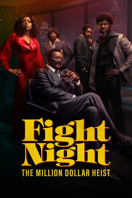 The poster features a dramatic scene with a man in a suit reclining on a chair, surrounded by four women in colorful outfits. The warm lighting and bold yellow title create an intense, suspenseful atmosphere, suggesting a high-stakes heist thriller.
