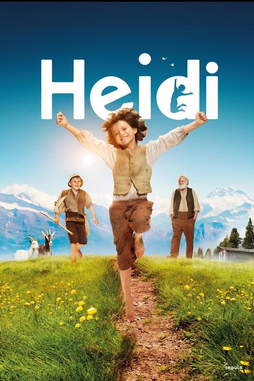 The poster features Heidi in a joyful pose with arms raised, surrounded by other characters on a sunny day. The vibrant green grass and blue sky create a cheerful atmosphere, while the white text "Heidi" stands out prominently.