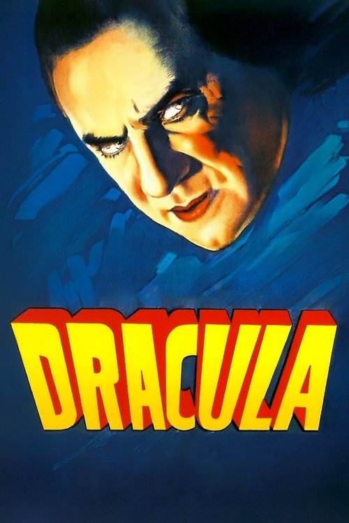 The poster features a dramatic close-up of Dracula's intense, menacing face against a dark blue background. The bold, yellow lettering spells out "DRACULA" in a striking, vintage style. The overall mood is suspenseful and ominous, capturing the essence of the classic horror film.