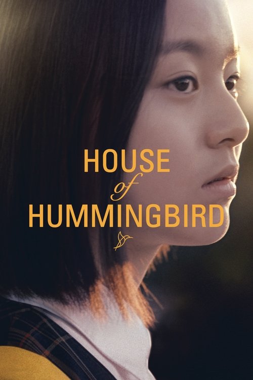 The poster features a young woman with dark hair, her face illuminated by warm sunlight. The title "HOUSE OF HUMMINGBIRD" is prominently displayed in elegant gold lettering. The mood is serene and contemplative, evoking a sense of introspection and quiet beauty.