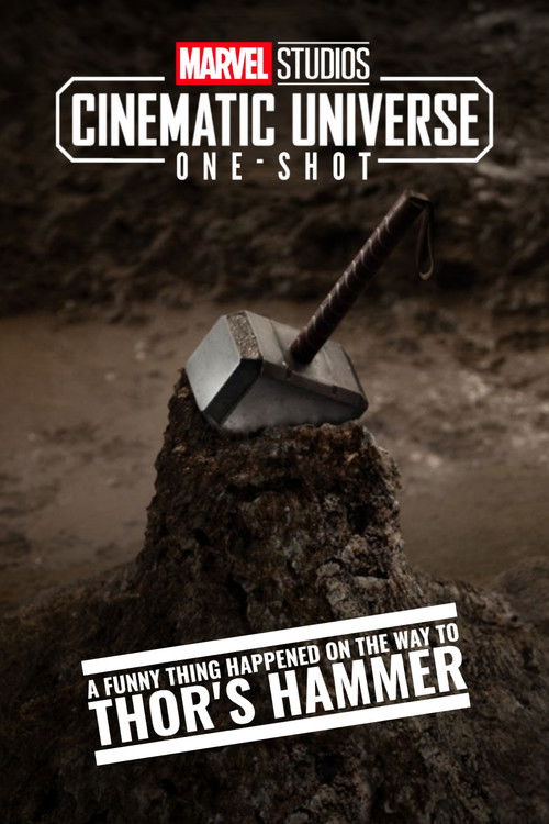 The poster features a dark, gritty scene with a weathered tree stump holding a massive, gleaming Thor's Hammer. The muted earth tones and shadowy background evoke a sense of adventure and danger, while the bold, white text announces the film's title.