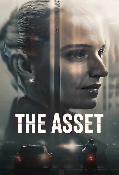 The poster features a split face of a woman, one side showing her human form and the other a sleek, metallic robot head. The colors are muted blues and grays, creating a somber and mysterious atmosphere. The title "THE ASSET" is prominently displayed in bold white letters.