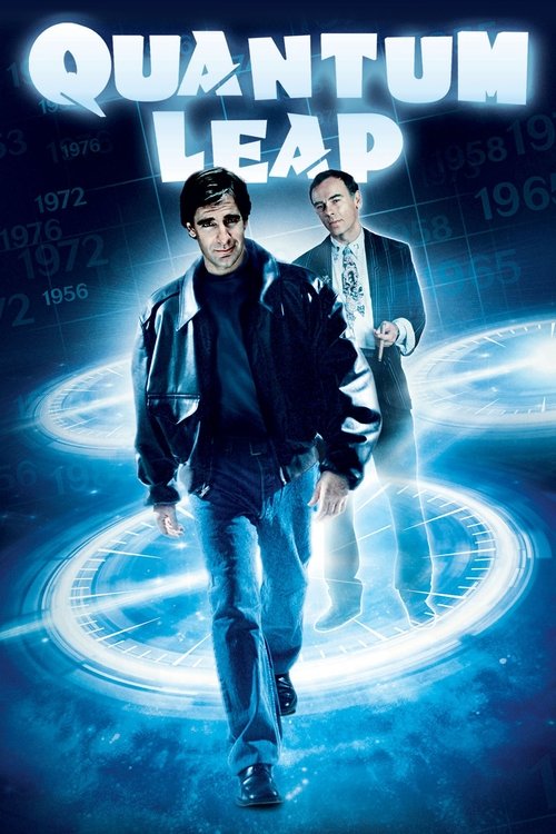 The poster features two men in motion, one in a black jacket and jeans, the other in a suit. The background is a swirling blue with glowing digital lines, evoking a futuristic, sci-fi atmosphere. The title "Quantum Leap" is prominently displayed in bold white letters at the top.