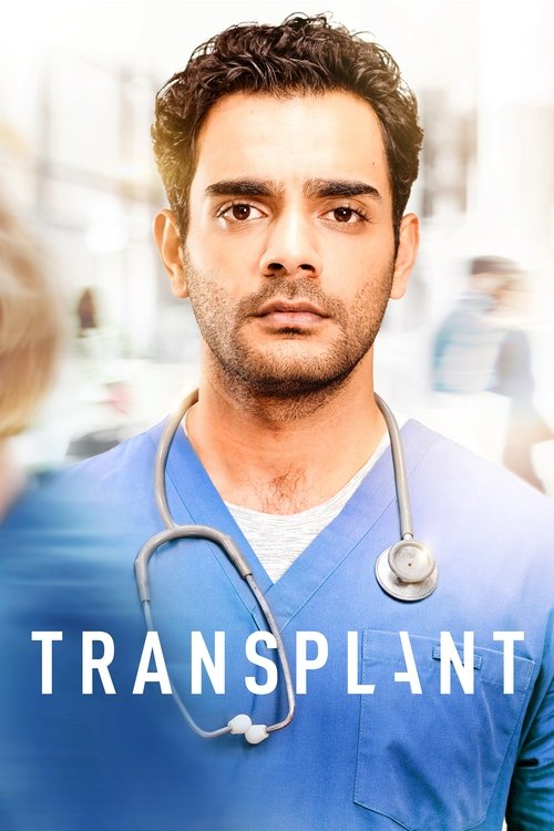 The poster features a serious, contemplative doctor in blue scrubs with a stethoscope around his neck. The muted blue background and soft lighting create a somber, professional atmosphere. The title "TRANSPLANT" is prominently displayed in bold white letters, emphasizing the medical drama's theme...