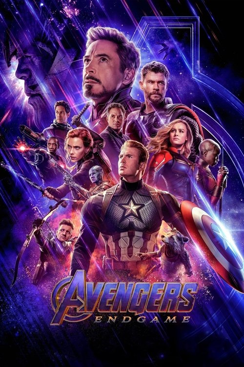 The poster features a dramatic lineup of Marvel superheroes, with Captain America prominently displayed in his iconic suit. The background is filled with vibrant purple and blue hues, creating a mystical and epic atmosphere. The overall mood is one of anticipation and heroism, capturing the essen...