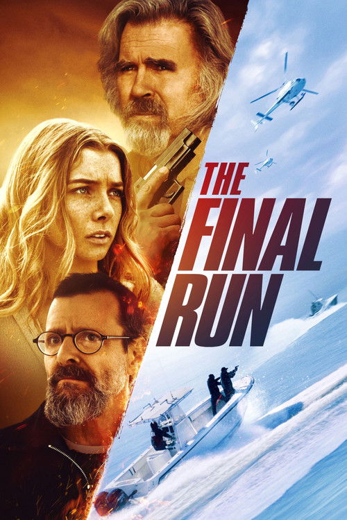 This movie poster features a dramatic split: on the left, a man with a beard and a woman with blonde hair look intense against a warm sunset backdrop. On the right, snowy mountains and ski jumpers are depicted under a bright blue sky, suggesting action and adventure. The bold title "The Final Run...