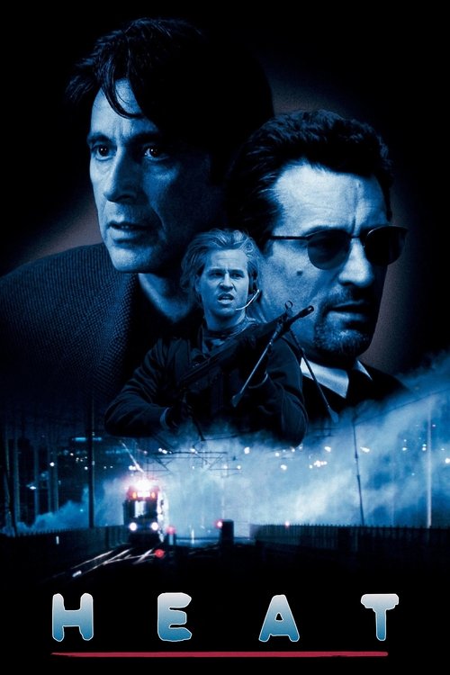 The poster features three men in tactical gear against a dark, gritty cityscape backdrop. The title "HEAT" dominates the top in bold, distressed lettering. The mood is intense and action-packed, with cool blues and dark tones emphasizing the gritty, dangerous atmosphere.