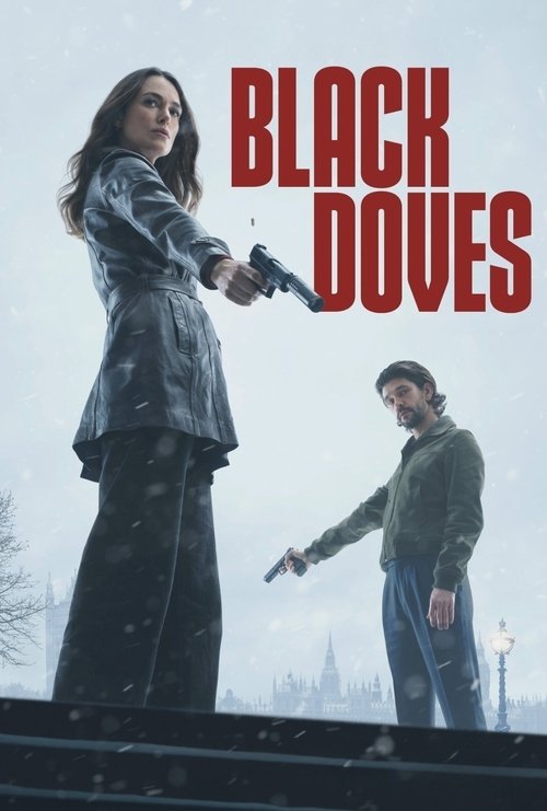The poster features a woman in a leather jacket pointing a gun, standing against a snowy backdrop with a man in a green jacket holding a gun below. The red text "BLACK DOVES" dominates the image, conveying a tense, dramatic atmosphere.