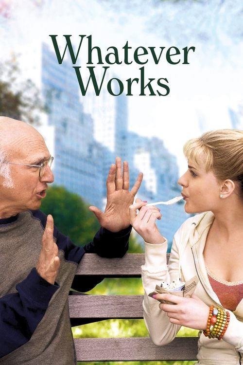 The poster features a man and woman in a park, with the title "Whatever Works" prominently displayed. The warm tones of the clothing and the greenery create a relaxed and inviting atmosphere, suggesting themes of friendship and shared experiences.