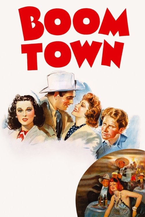 The poster features a vintage movie poster design with a red title "BOOM TOWN" at the top. Below, four characters are depicted in a classic 1930s style, with warm lighting and a nostalgic atmosphere. The colors are vibrant, with reds, blues, and yellows creating a lively and energetic mood. The i...