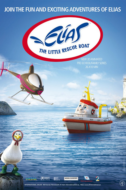 The poster features a cheerful scene with a seagull, a rescue boat, and a helicopter, all set against a bright blue sky. The playful colors and whimsical design evoke a sense of adventure and fun.