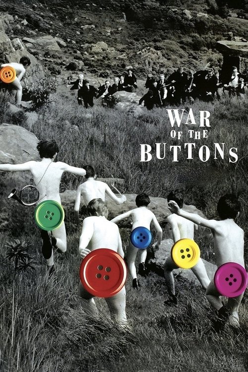 The poster depicts a somber scene of people in white shirts gathered in a grassy field, their backs turned to the viewer. Overlaid are colorful buttons—green, blue, red, yellow, and pink—symbolizing the film's themes of conflict and struggle. The muted tones of the background contrast with the vi...