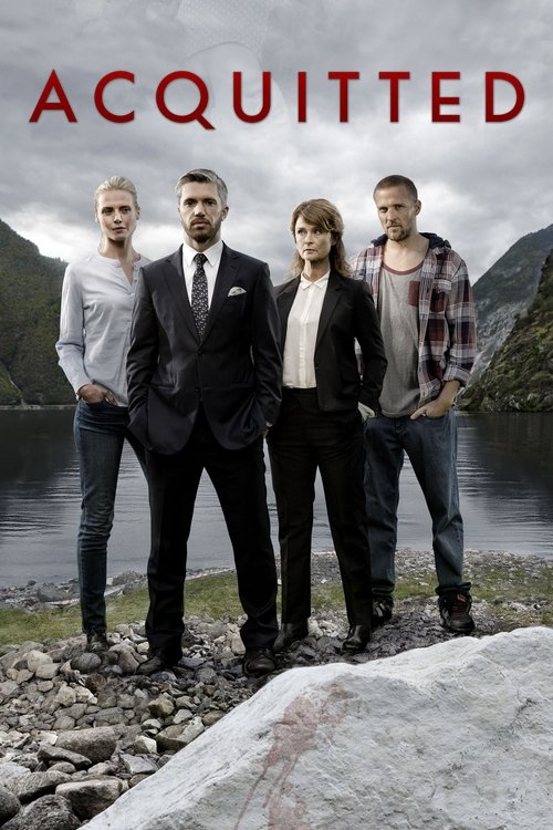 The poster features four men and a woman standing on a rocky shore with a lake in the background. The muted natural tones of the landscape contrast with the bold red title text, creating a somber yet dramatic atmosphere.