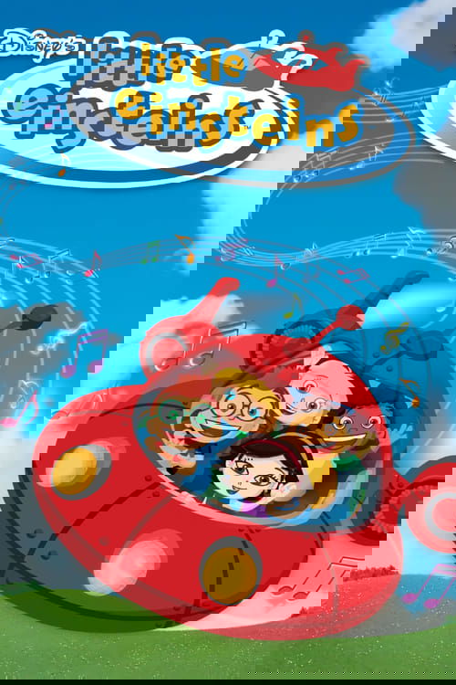 The vibrant red spaceship with cheerful characters floats against a bright blue sky dotted with musical notes. The playful design and joyful expressions convey a whimsical, adventurous mood perfect for young audiences.