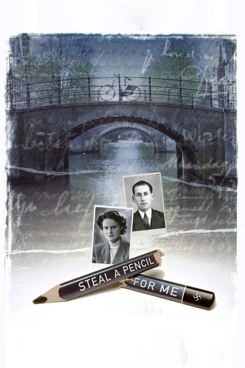 The poster features a vintage-style illustration of a canal bridge with a moody, sepia-toned atmosphere. Two black-and-white portraits of young people are placed in the foreground, evoking nostalgia and youthful energy. The title "Steal a Pencil for Me" is written in bold, distressed typography, ...