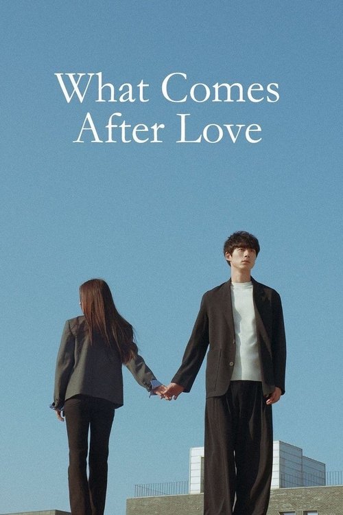The poster features two people standing against a clear blue sky, holding hands. The man in a dark suit and woman in a gray blazer exude a sense of calm and connection. The minimalist design with the simple text emphasizes the emotional journey of the story.