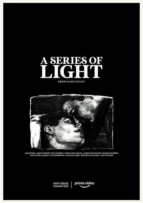 The poster features a black background with white text reading "A SERIES OF LIGHT" and "THE NEW SERIES." Below, a dramatic image shows two people in close proximity, one appearing to kiss or embrace the other, creating an intimate and mysterious atmosphere. The overall design conveys a sense of m...