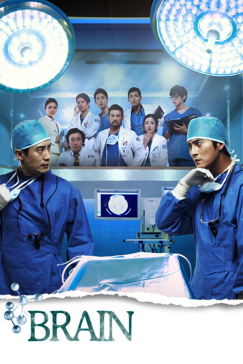 The poster features two surgeons in blue scrubs against a backdrop of medical equipment and bright surgical lights. The mood is professional yet hopeful, suggesting a high-stakes medical drama. The title "BRAIN" is prominently displayed at the bottom, emphasizing the show's focus on neurological ...