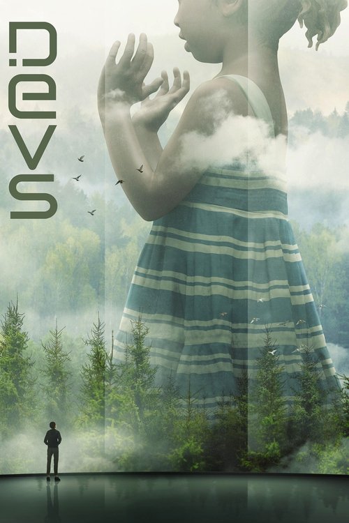The poster features a mysterious woman in a striped dress, her hand raised as if casting a spell, with a lone figure standing in the foreground. The colors are muted greens and blues, evoking a dreamlike atmosphere. The mood is mysterious and slightly eerie, suggesting a supernatural or fantasy t...