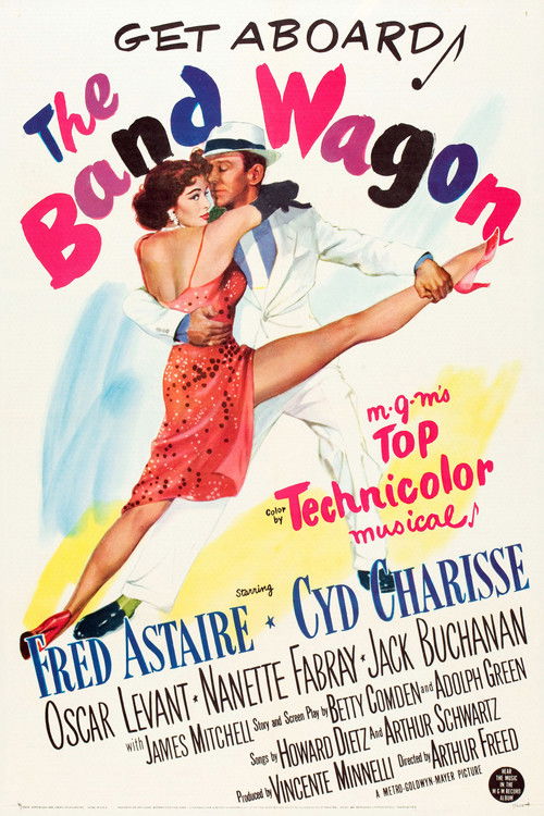 The poster features a romantic couple dancing against a vibrant yellow background, with bold red and pink typography. The film promises a classic musical adventure, capturing the essence of a lively band wagon with its playful and energetic design.