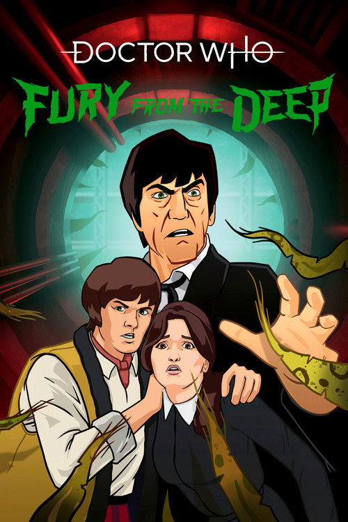 The poster features a dramatic scene with three characters: a stern man in a suit, a young man in a vest, and a woman with a concerned expression. The background is filled with swirling green and red hues, creating an intense and mysterious atmosphere. The title "Doctor Who: Fury from the Deep" i...