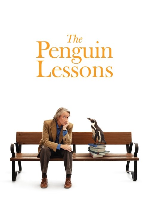 The Penguin Lessons poster features a man in a brown suit sitting on a wooden bench, reading a book. The title "The Penguin Lessons" is elegantly written in orange letters against a stark white background. The mood is contemplative and scholarly, suggesting a blend of intellectual curiosity and p...